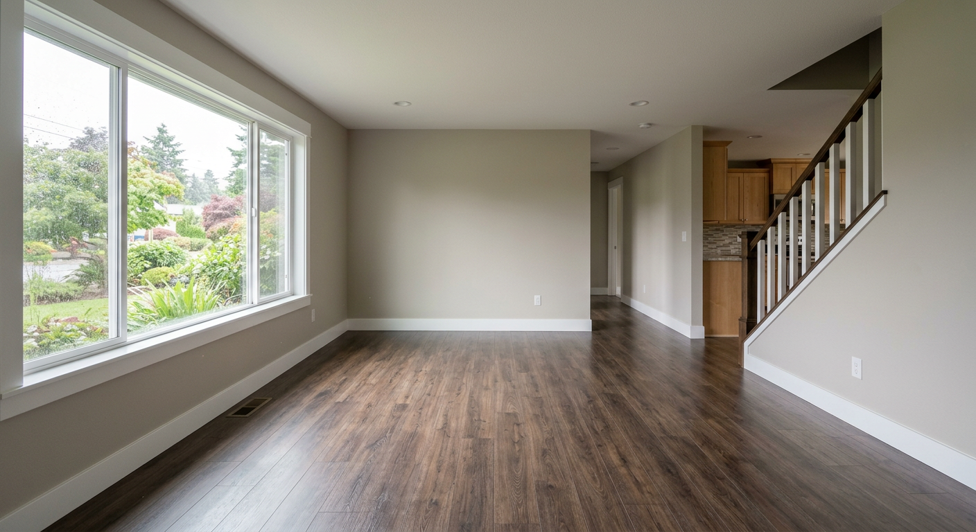 The finished result of an interior remodel in a Shoreline, Washington home, showing new paint and trim.
