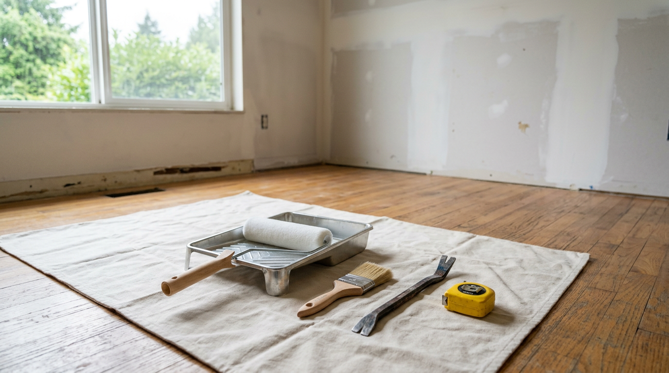 A living room in Edmonds, WA, prepped for an interior remodel with paint and trim tools laid out on a drop cloth.