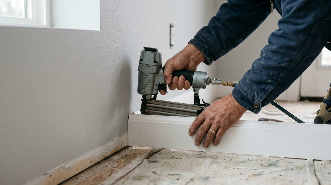 A contractor installing new baseboard trim during an interior remodel in an Everett, WA home.
