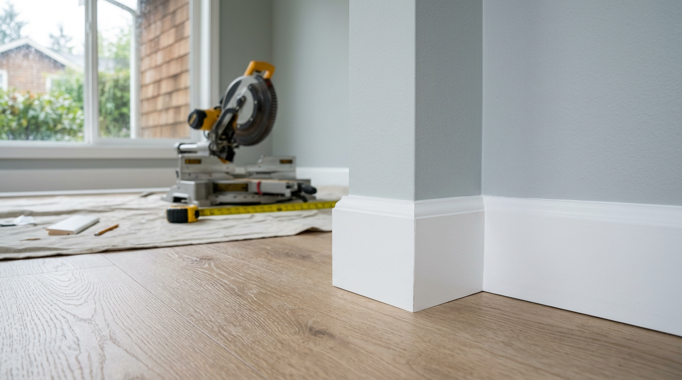 Newly installed baseboard trim and flooring in a Mill Creek WA interior remodel project.
