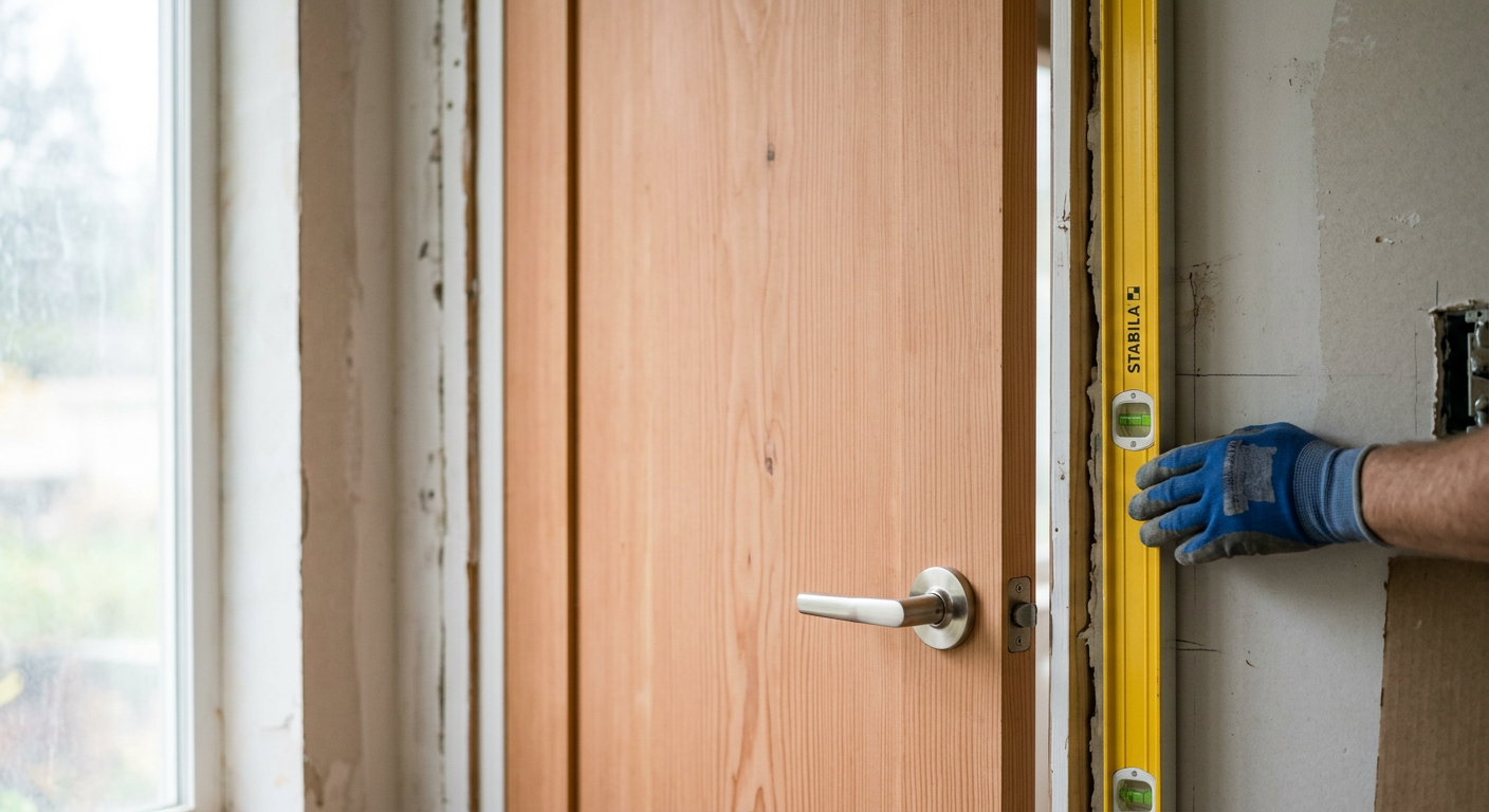 A newly installed, perfectly plumb solid wood interior door during an interior remodel in a Lynnwood home.