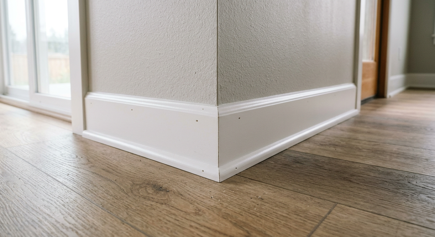 A close-up of new white baseboard trim and flooring from an interior remodel in Mountlake Terrace, WA.