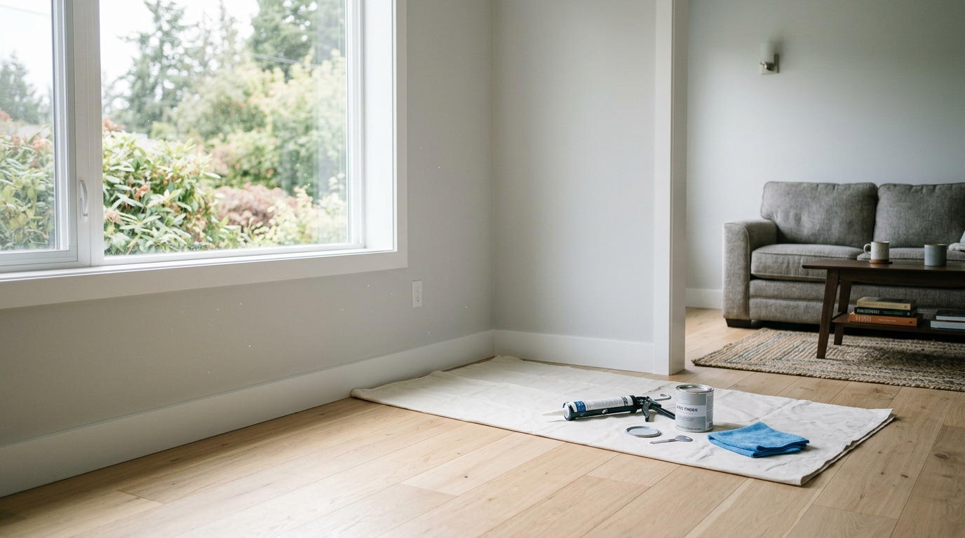 A freshly painted and remodeled living room in Mukilteo with new flooring and white trim.