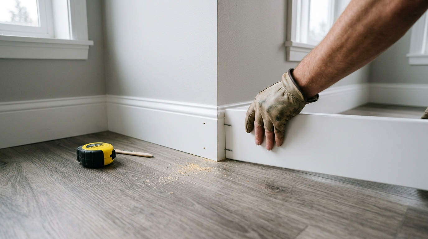 New baseboard trim and flooring during an interior remodel in a Shoreline home.