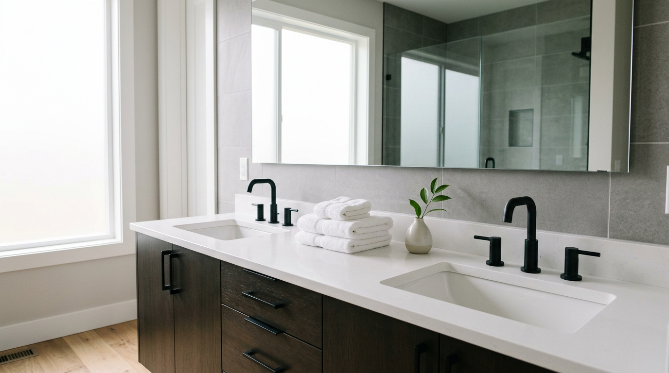 A modern, high-end double vanity in a newly remodeled Kirkland bathroom, featuring a quartz countertop and matte black fixtures.