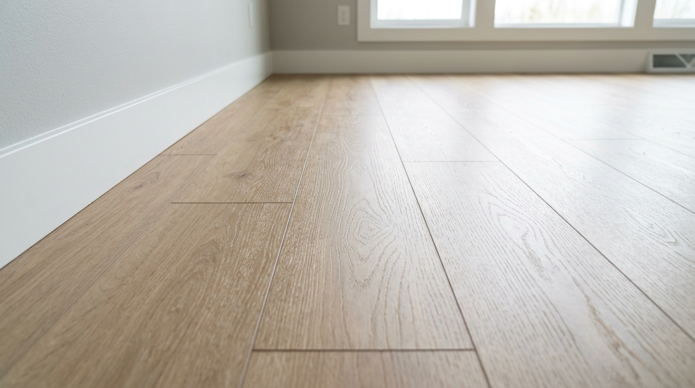 Newly installed light oak LVP flooring and white baseboards in a remodeled Kirkland home.