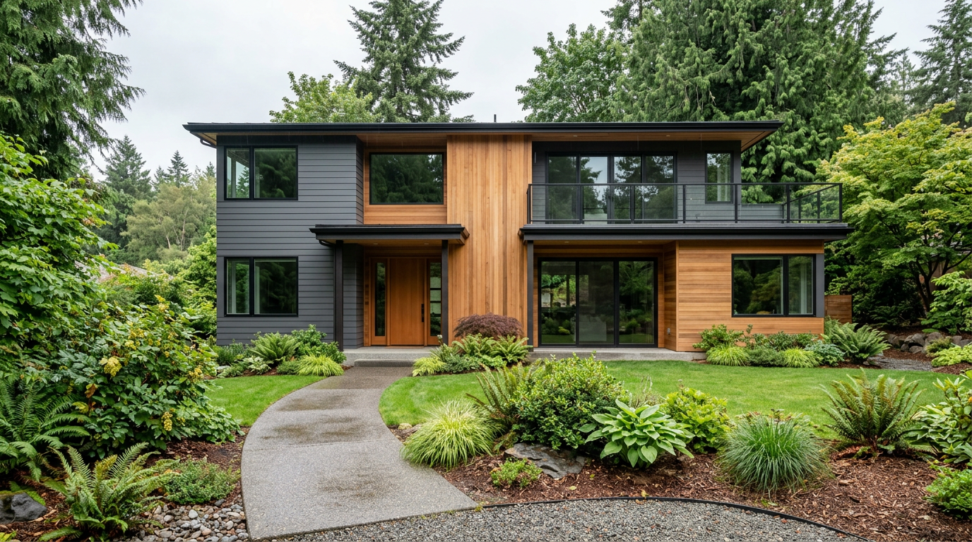 The exterior of a modern home after a full-home remodel in Kirkland, Washington.