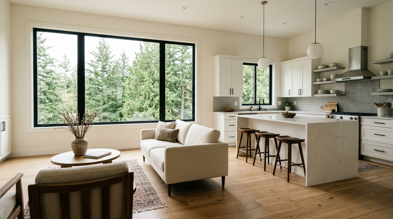 The bright, open-concept living space of a completed full-home remodel in Kirkland, WA.