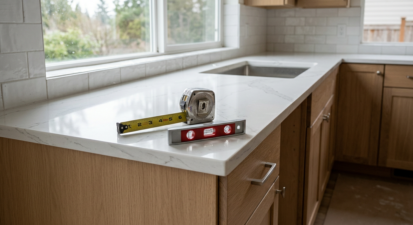 Newly installed quartz countertop in a kitchen remodel in Bellevue, WA.