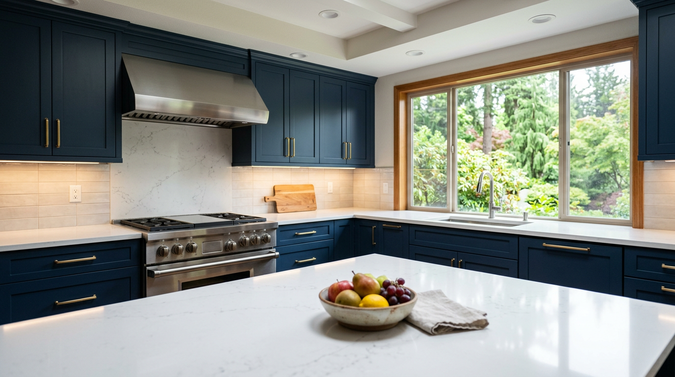 A beautiful, modern kitchen remodel in a Bellevue, WA home with dark blue cabinets and quartz countertops.