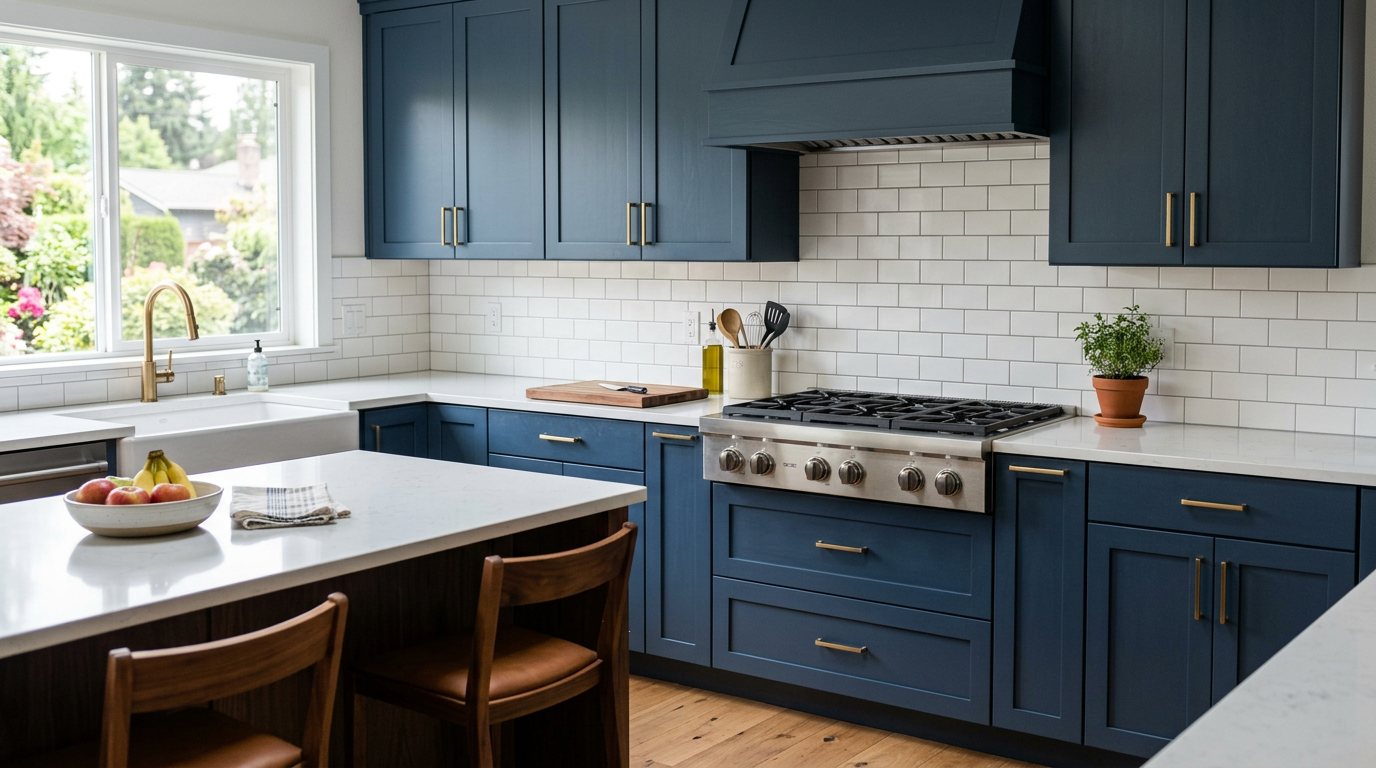 A newly completed kitchen remodel in Bellevue, WA, featuring dark blue cabinets and white quartz countertops.
