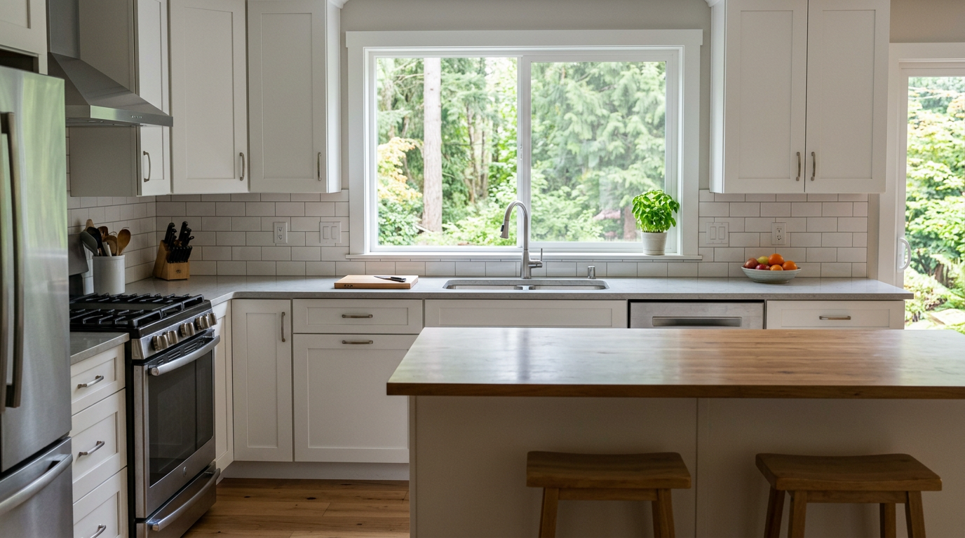 A bright, modern remodeled kitchen with white shaker cabinets and quartz countertops in a Kirkland, WA home.