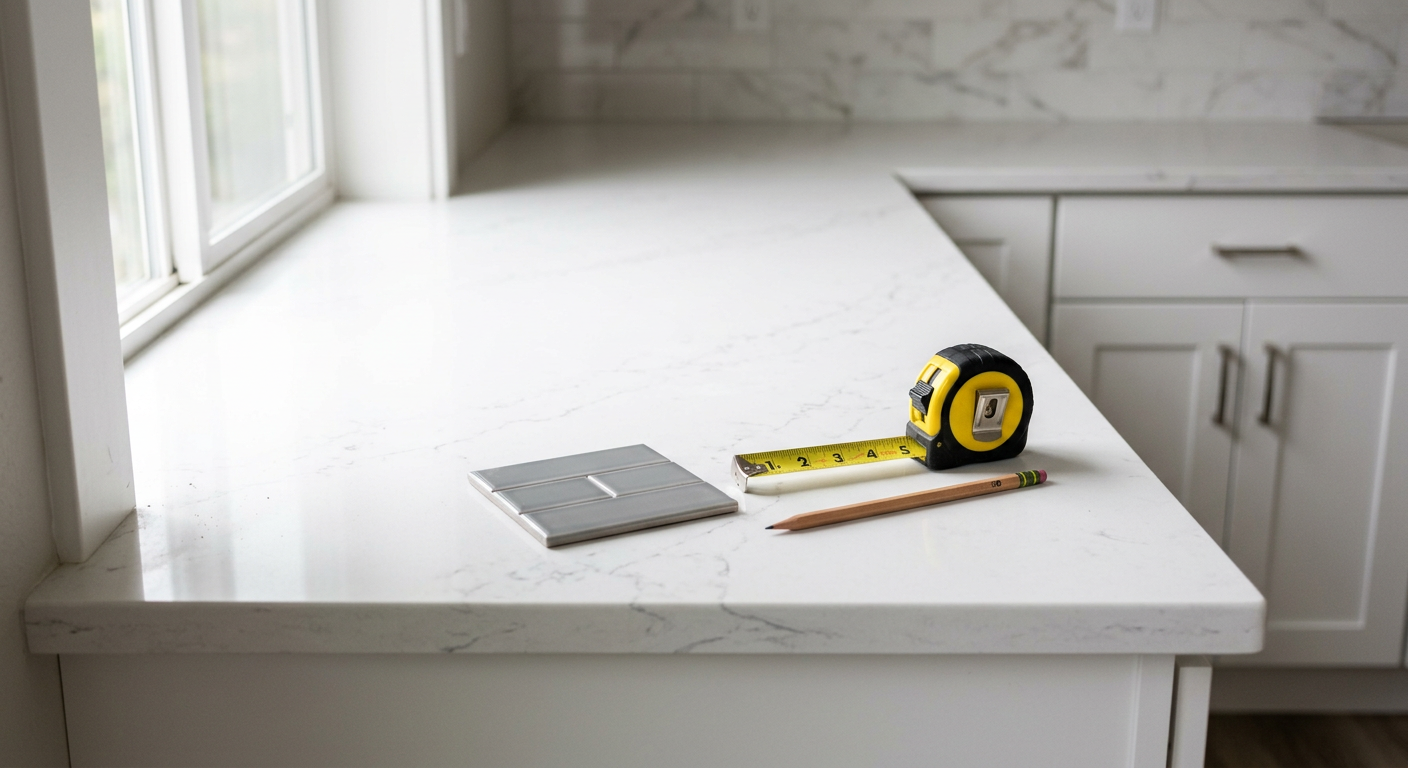A close-up of a tape measure and tile sample on a new countertop during a kitchen remodel in Kirkland, WA.