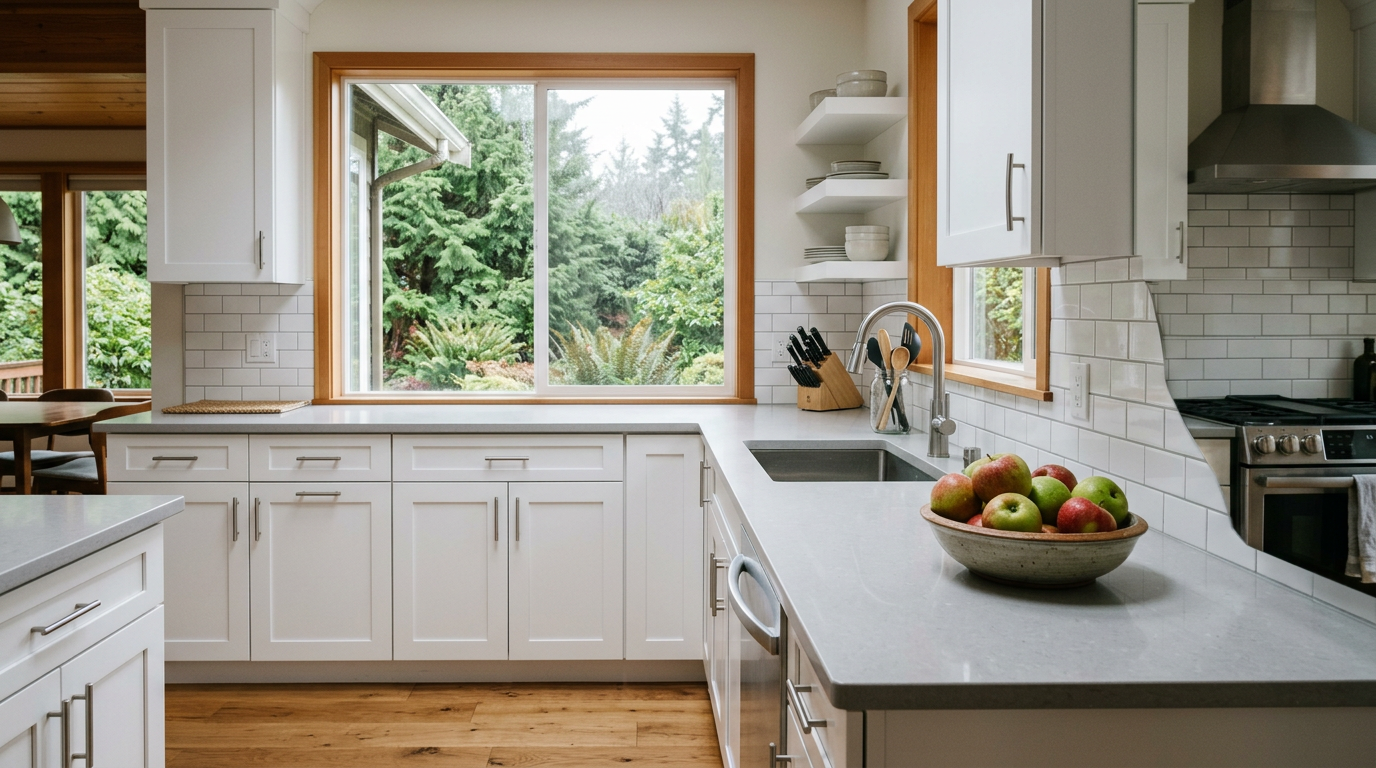 A bright, modern remodeled kitchen in Lynnwood, WA, with new quartz countertops and white cabinets.