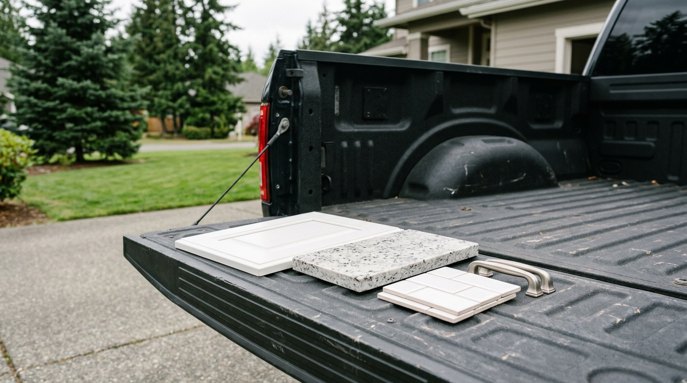 Kitchen remodel material samples, including a cabinet door and countertop, for a project in Mill Creek, WA.