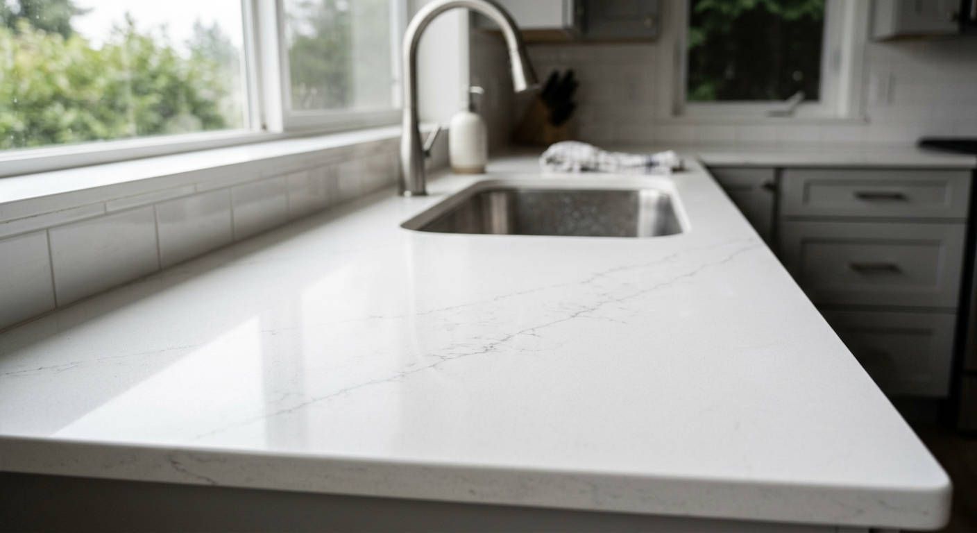 Close-up of a new white quartz countertop in a remodeled Mountlake Terrace kitchen.