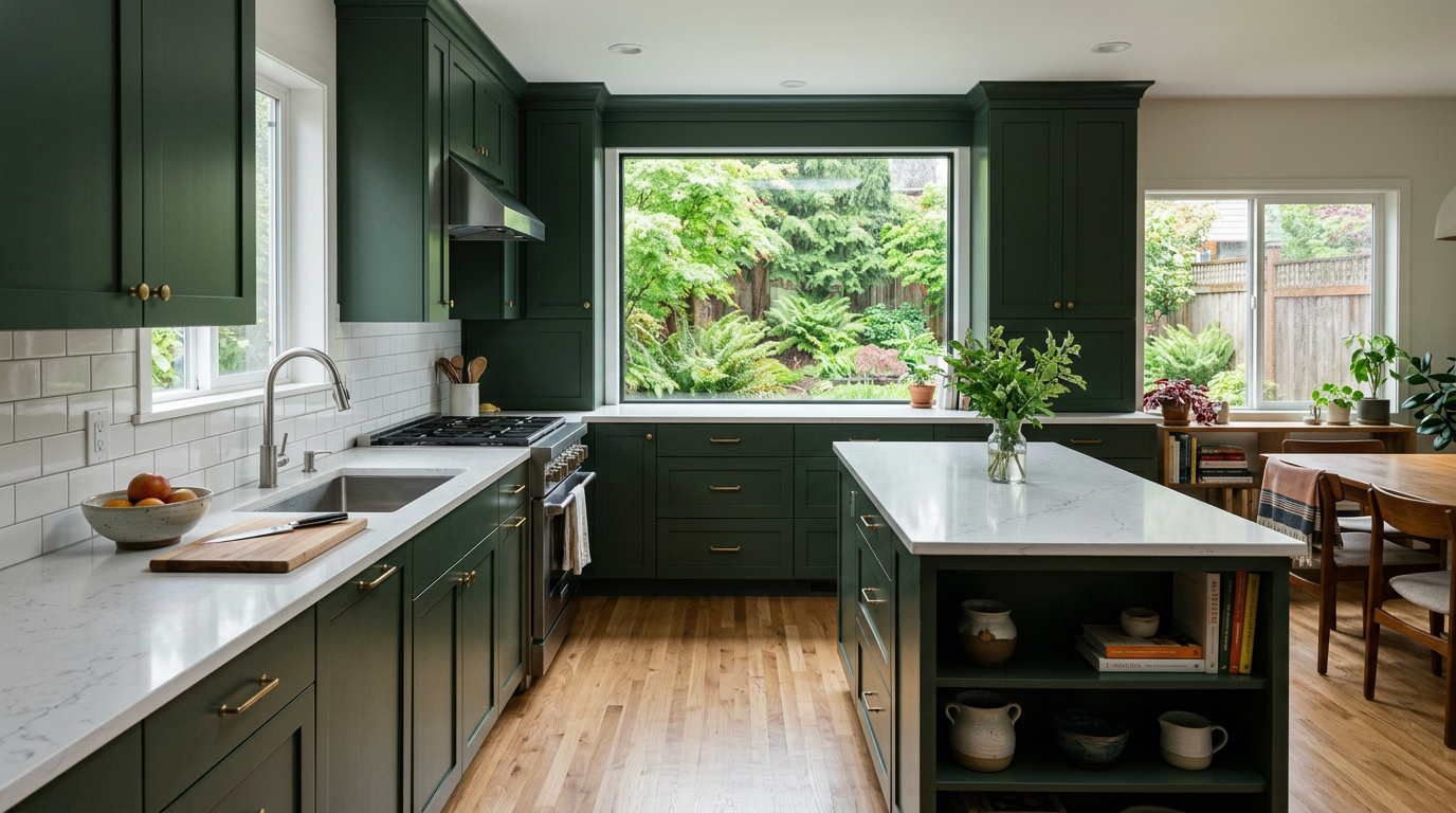 A modern, remodeled kitchen in a Seattle, WA home with green cabinets and white quartz countertops.