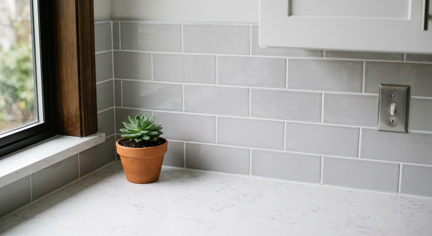 Detail of a new quartz countertop and tile backsplash in a remodeled Shoreline kitchen.