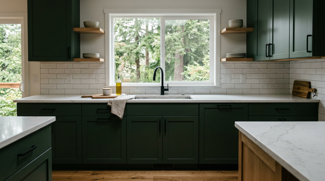 A modern Pacific Northwest kitchen remodel in a West Seattle home featuring green cabinets and quartz countertops.