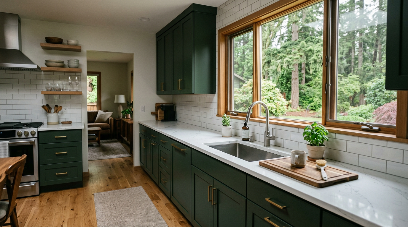 A newly remodeled kitchen with dark cabinets and quartz countertops in an Edmonds, WA home.
