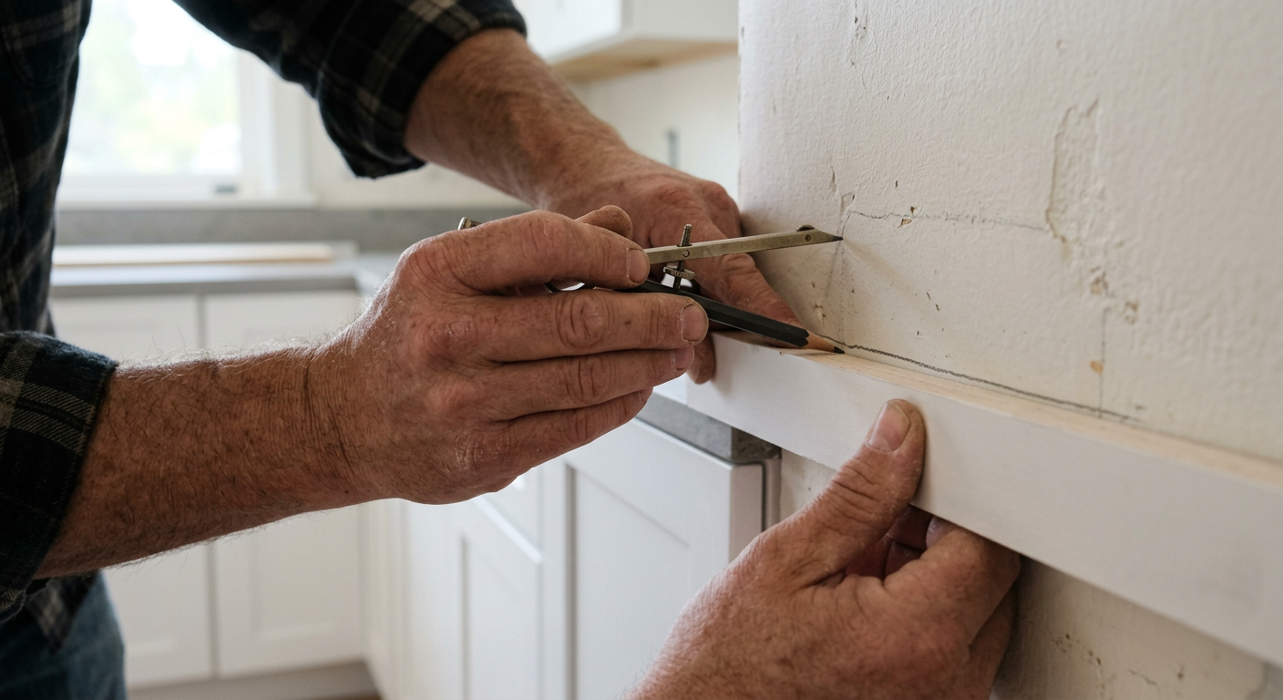 A close-up of a carpenter scribing a cabinet filler strip during a kitchen remodel in Lynnwood, WA.