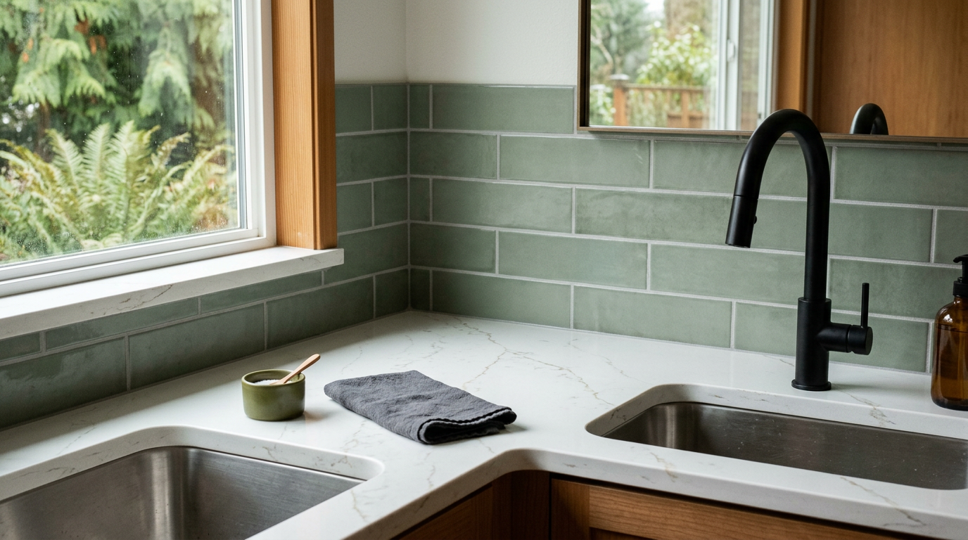 A close-up of a new quartz countertop and modern faucet in a newly remodeled kitchen in Mill Creek, WA.