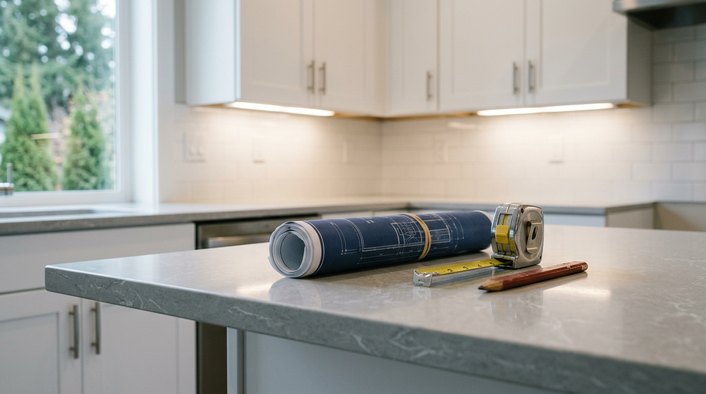 A beautiful new quartz countertop in a Redmond, WA kitchen remodel by Advanced Remodeling.