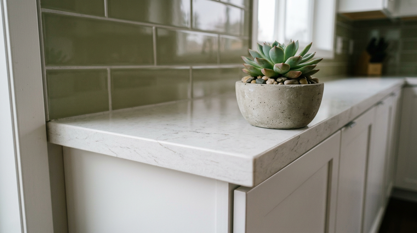 Close-up of a new white quartz countertop and green tile backsplash in a newly remodeled Seattle kitchen.