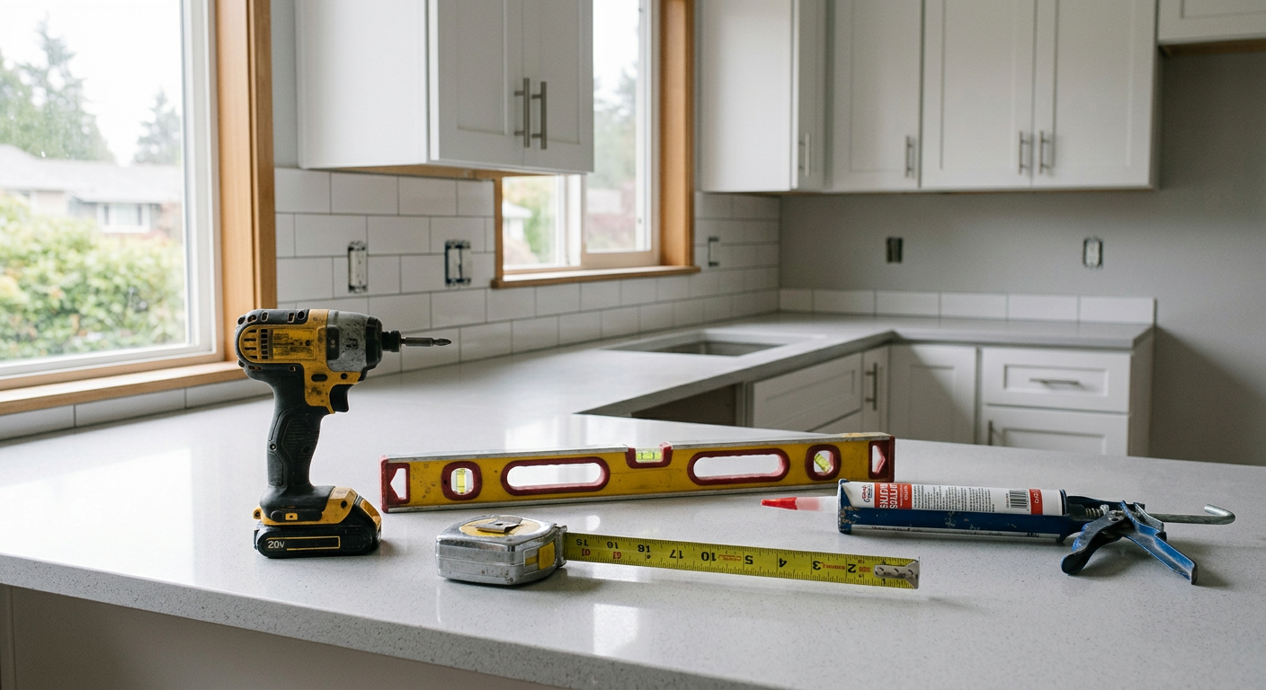Tools for a kitchen remodel laid out on a new countertop in a Seattle home.