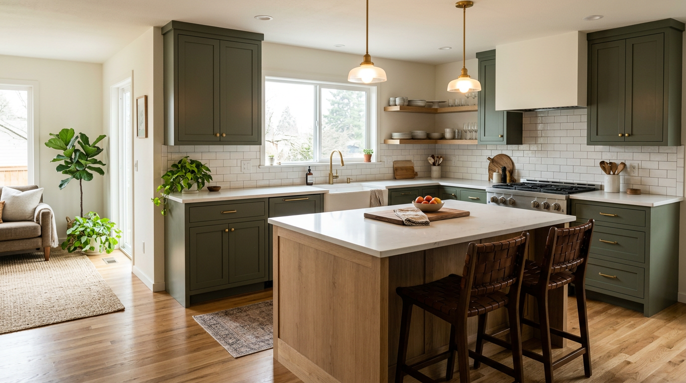 View of a modern, newly remodeled kitchen in a Seattle, WA home with quartz countertops and an island.