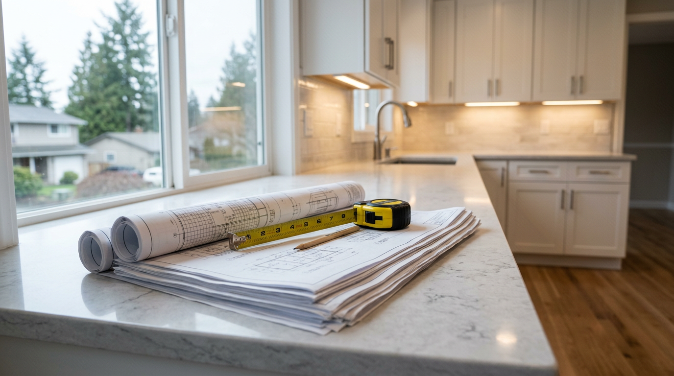 Architectural plans and a tape measure on a new kitchen counter during a Lynnwood full-home remodel.