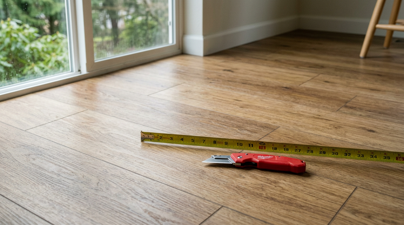Newly installed LVP flooring during an interior remodel in Marysville, WA, with tools resting on top.