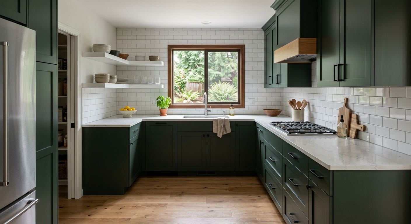 A modern kitchen remodel in a Marysville, WA home featuring green cabinets and quartz countertops.