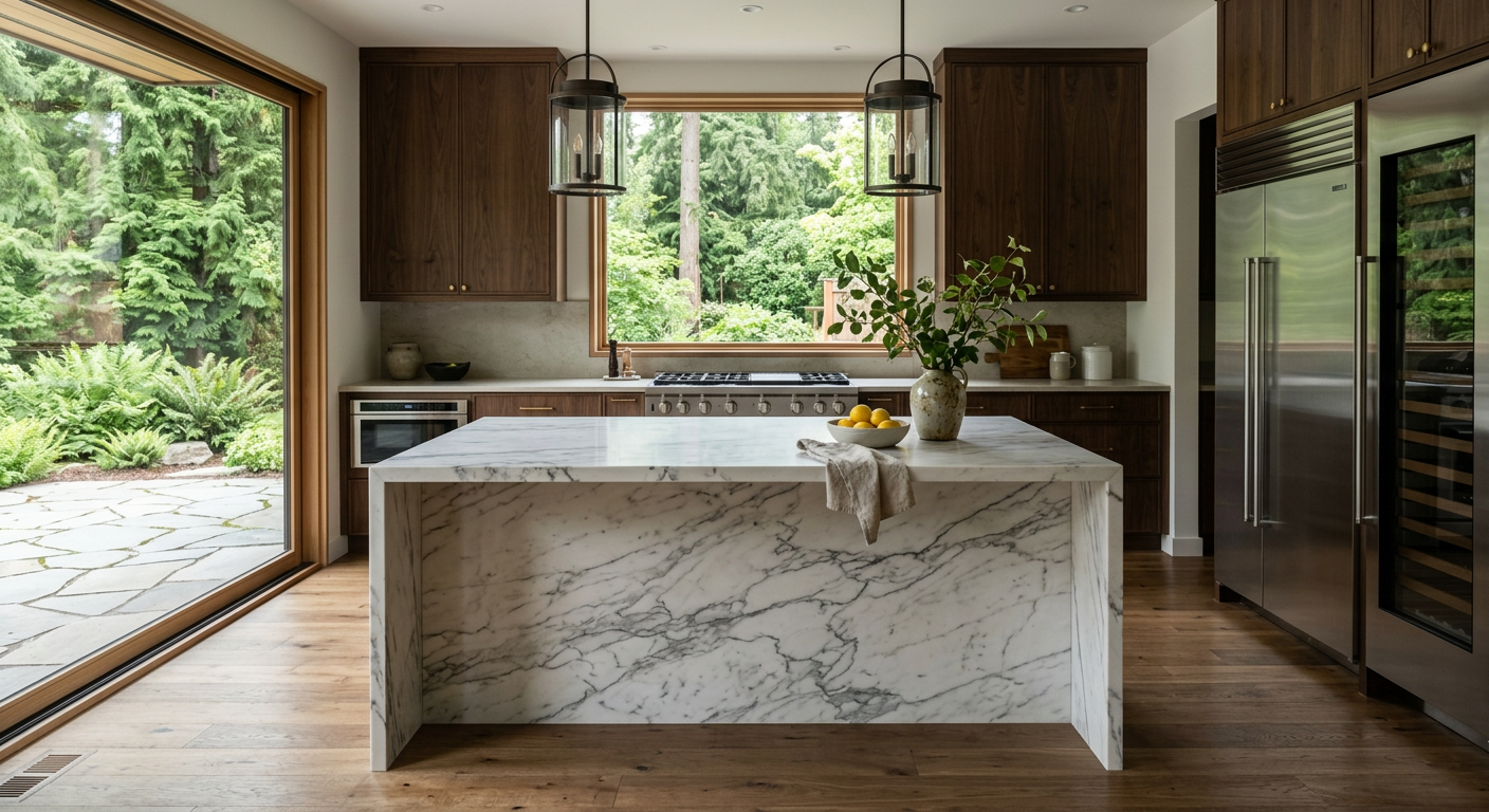 A luxury kitchen with a marble waterfall island and custom cabinets after a Mercer Island kitchen remodel.