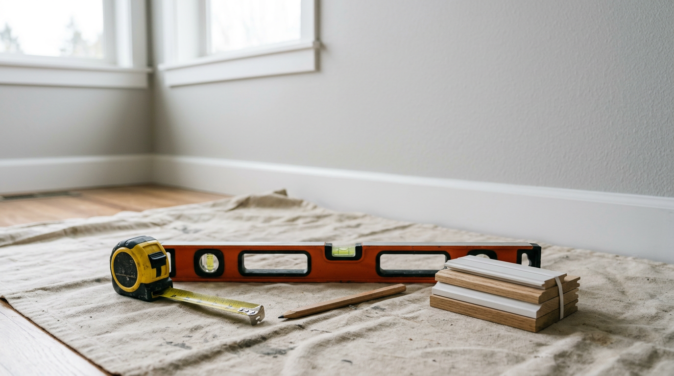 Tools for an interior remodel project laid out in a Mill Creek, WA home.
