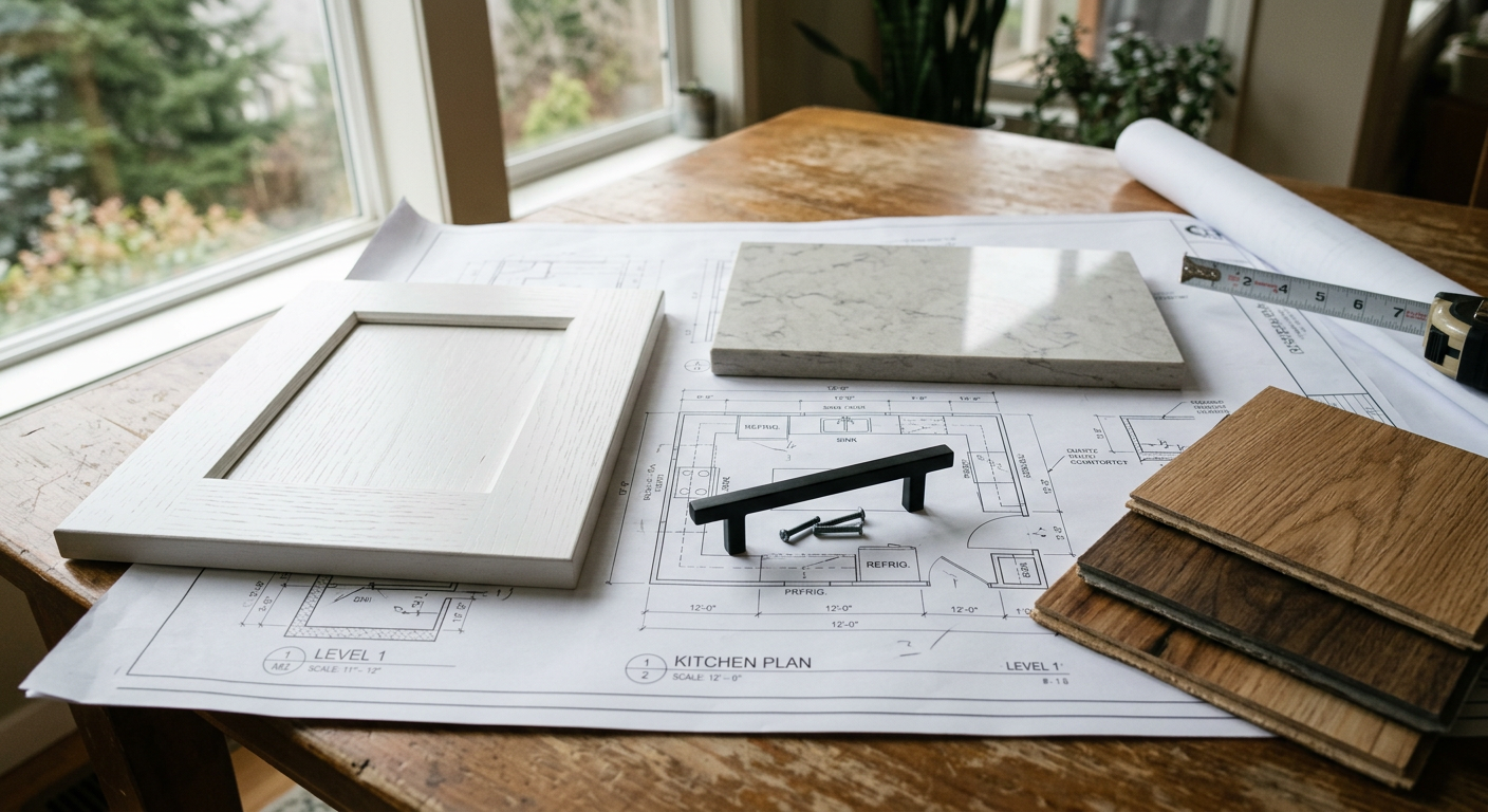 A flat lay of kitchen remodel material samples for a home in Mill Creek, WA, including a cabinet door, quartz countertop, and flooring.