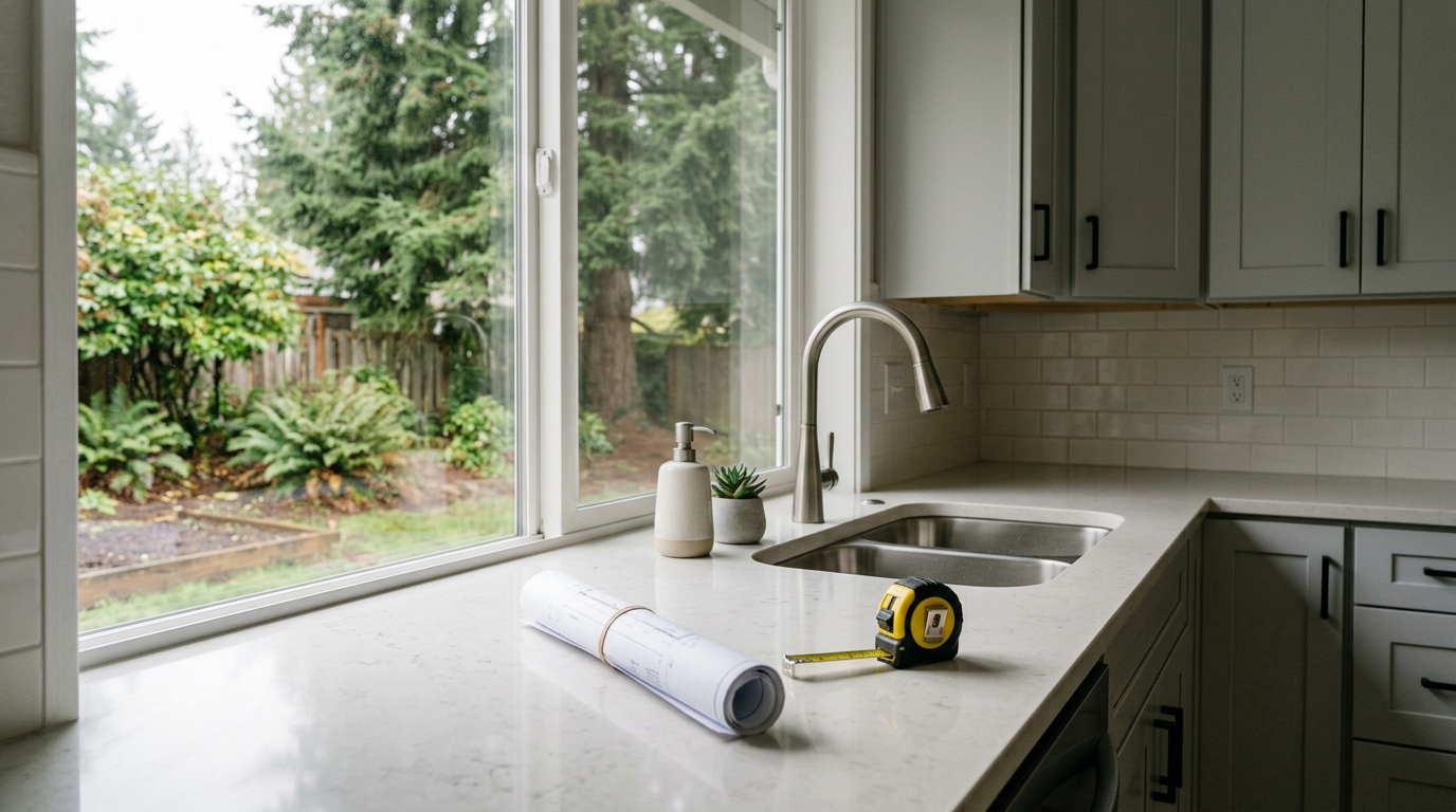 A beautifully remodeled kitchen with new countertops and cabinets in a Mountlake Terrace home.
