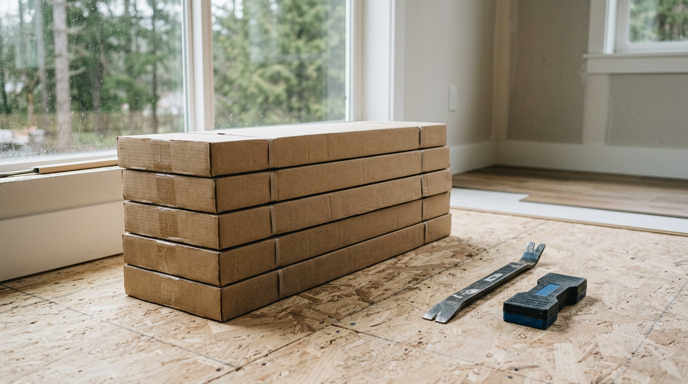 New LVP flooring planks ready for installation in a Mukilteo home.