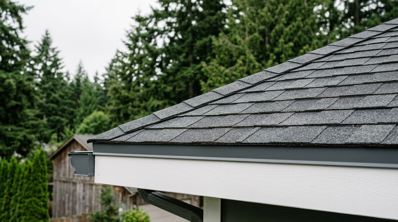 Clean architectural shingle roof corner on a home in Mukilteo, WA, after a professional roof replacement.