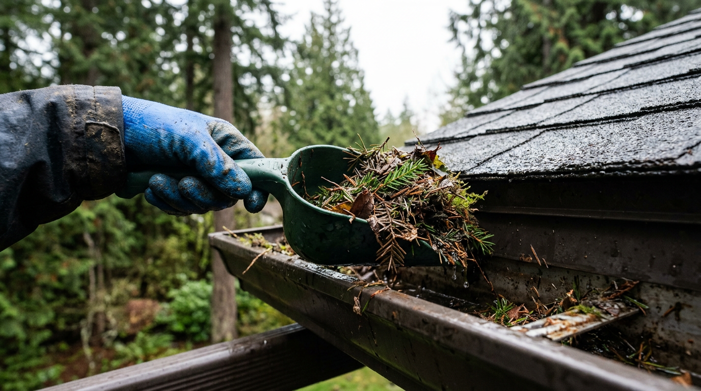 Close-up of a contractor cleaning wet fir needles from a gutter on a home in Bothell, WA.