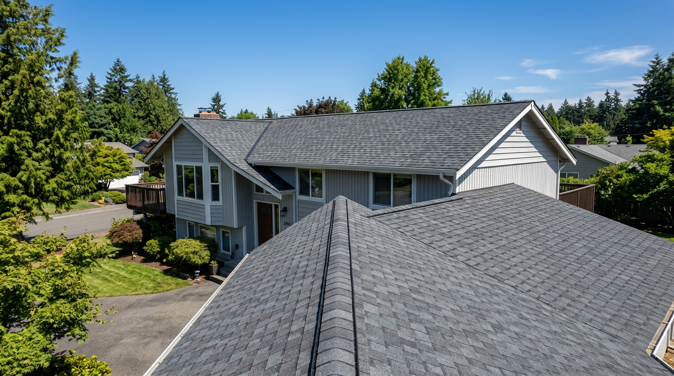 A close-up of a new architectural composite shingle roof on a home in Shoreline, WA, showing a clean ridge line under a clear blue sky.