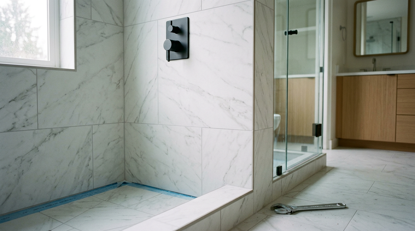 A newly tiled walk-in shower in a Seattle bathroom remodel project.