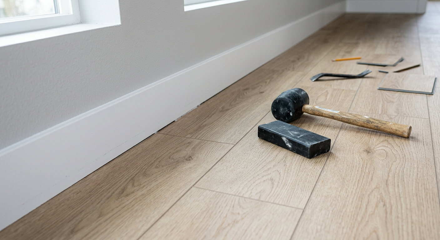 Close-up of new LVP flooring and installation tools in a Seattle, WA home.