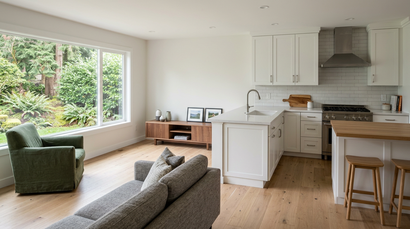 Interior of a completed Seattle full-home remodel showing a new kitchen and living room.