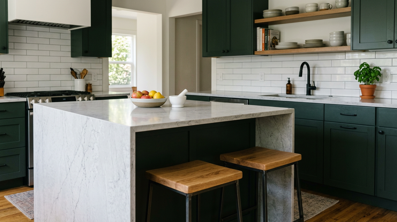 A modern kitchen with green cabinets and a quartz island after a professional kitchen remodel in Seattle, WA.