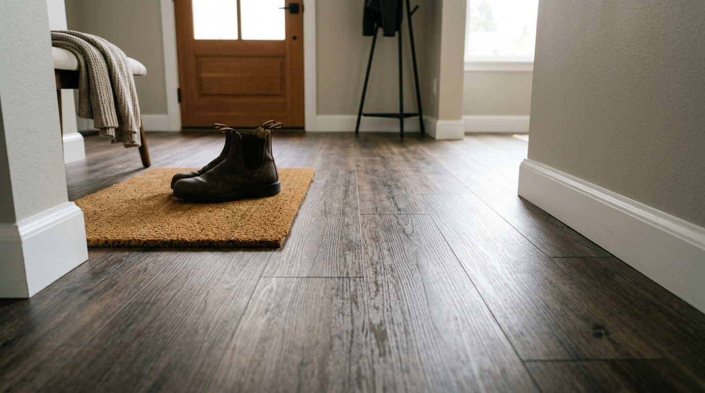 Newly installed luxury vinyl plank flooring in a Shoreline, WA home entryway, showing the durability and style.
