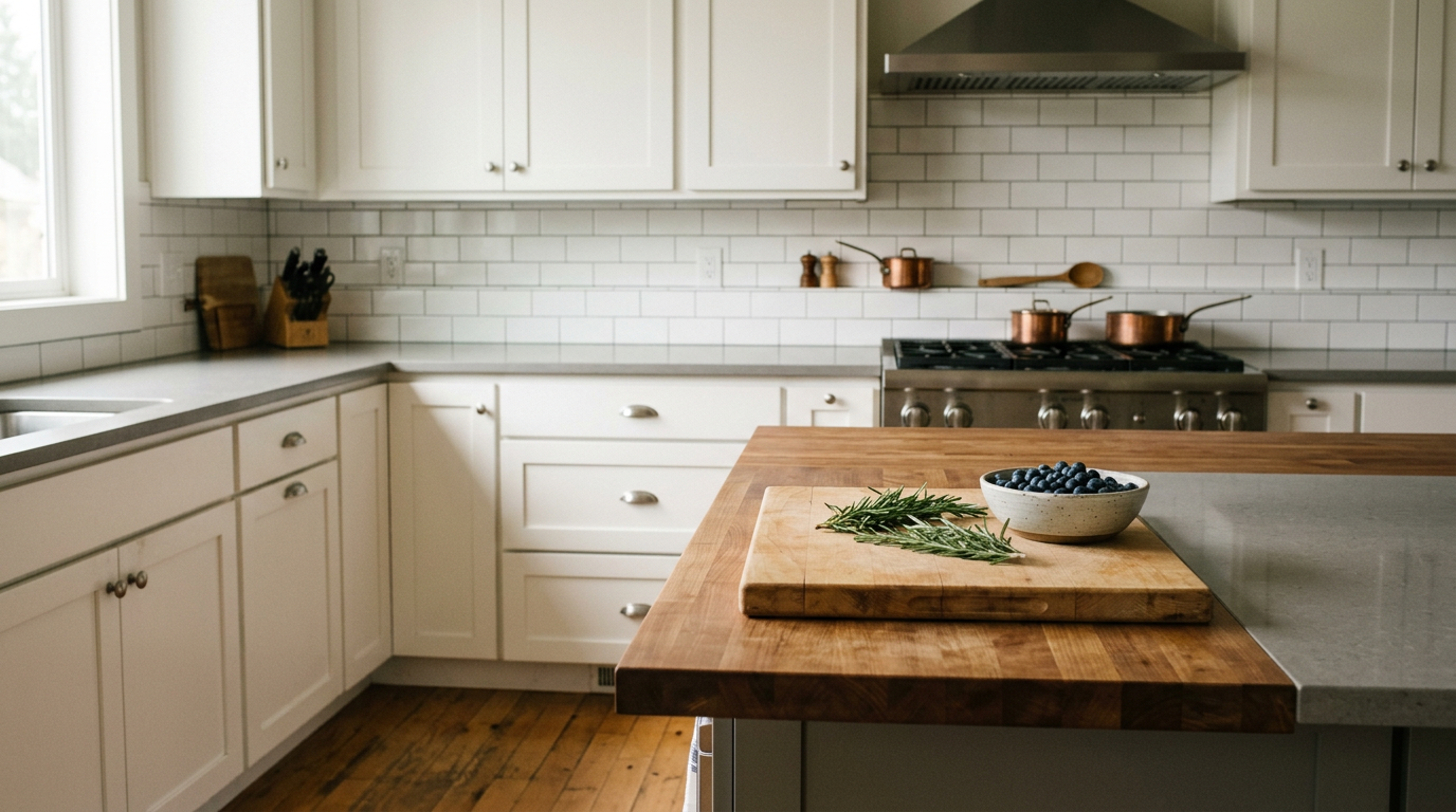 A bright, modern kitchen in a remodeled Shoreline home with white shaker cabinets and gray quartz countertops.
