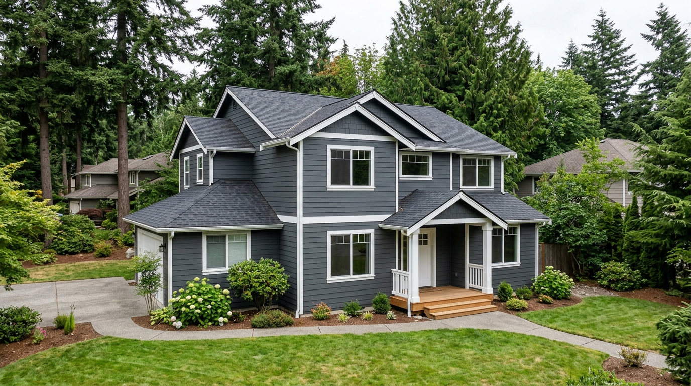 New dark gray fiber cement siding on a home in Mill Creek, WA.