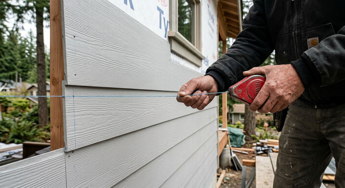 Close-up of new James Hardie fiber cement siding being installed on a home in Mukilteo, WA.