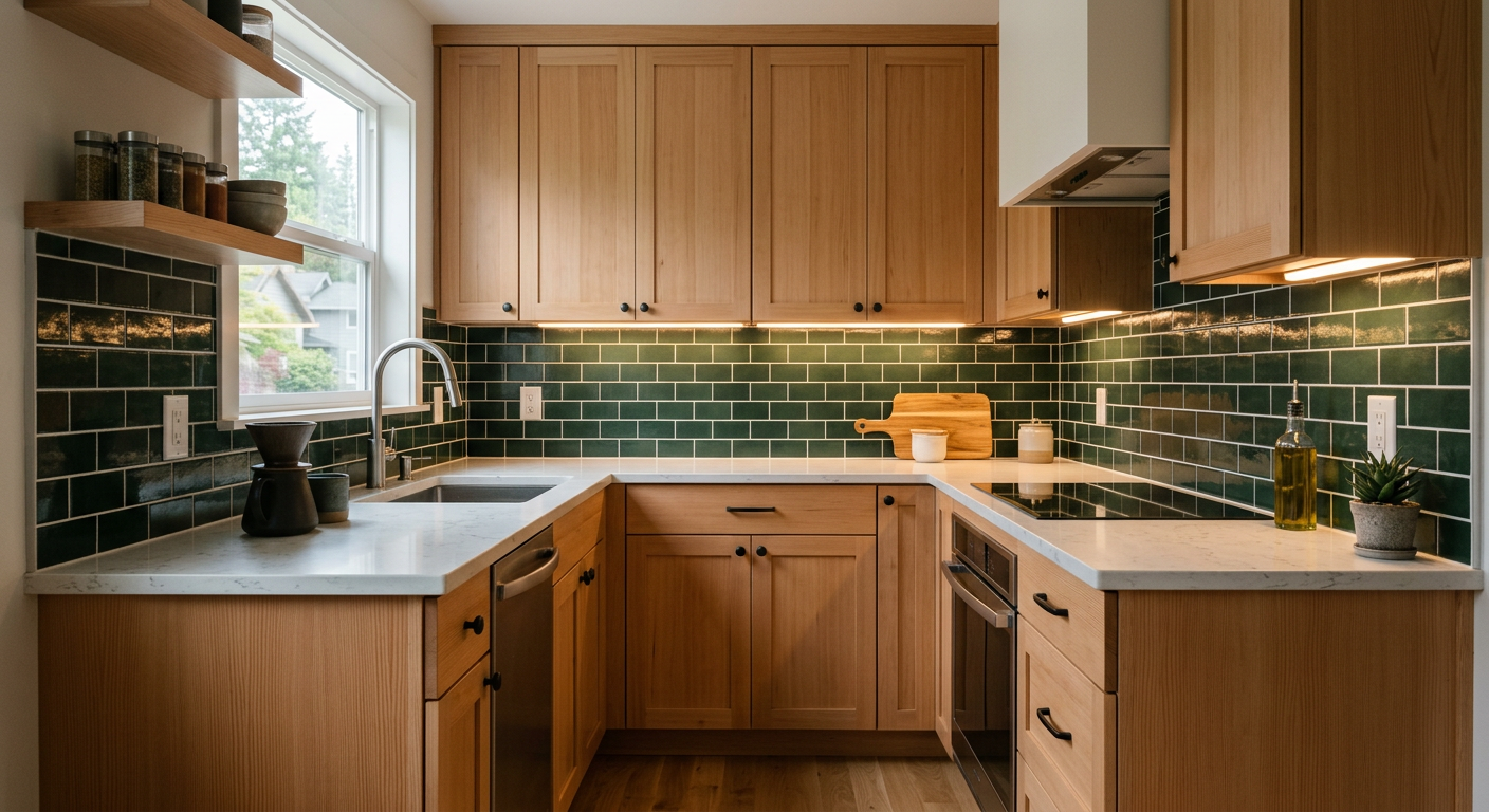 A newly completed small kitchen remodel in a Seattle home featuring light wood cabinets and quartz countertops.